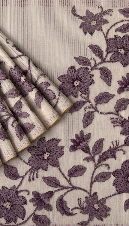 Linen Saree with Floral Print French Knot Work and Kantha Work - Beige & Purple