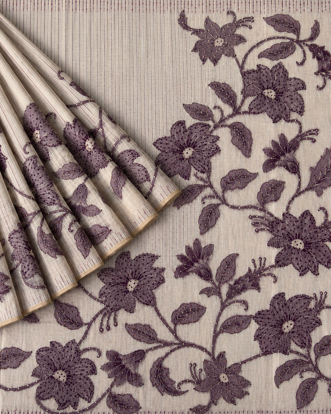 Linen Saree with Floral Print French Knot Work and Kantha Work - Beige & Purple