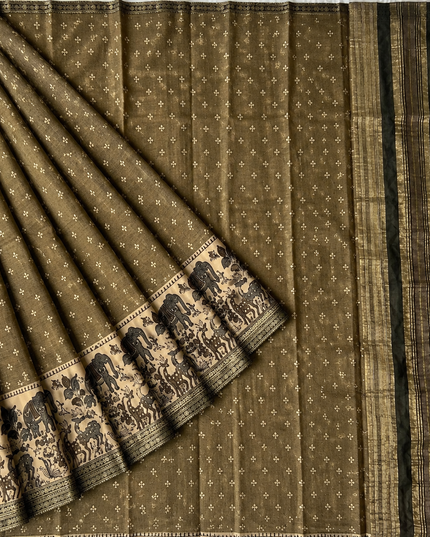 Munga Silk Saree With Floral Print and Kalmkari Border - Light  Green
