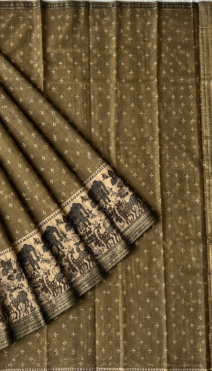Munga Silk Saree With Floral Print and Kalmkari Border - Light  Green