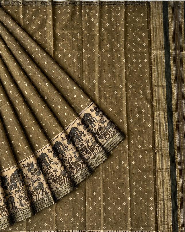Munga Silk Saree With Floral Print and Kalmkari Border - Light  Green