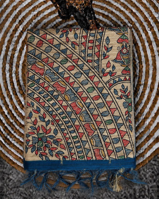 Tusser Saree With Floral Print  and small gold Buttes with and Golden Border  -Peacock Blue