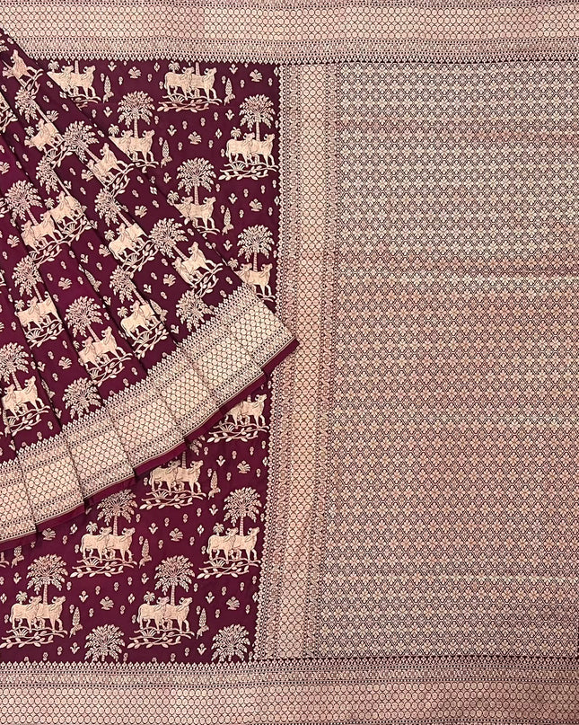 Kathan  Banaras saree with Pichwai  Weaving Buttes Ana Kaddi Border - Maroon