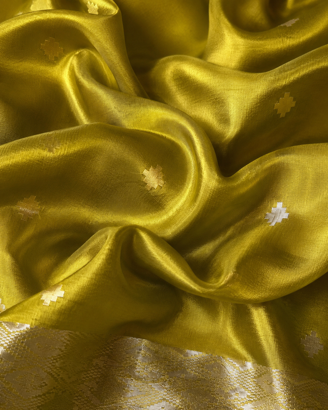 Chanderi  Silk Saree with All over Jamdani weaving style and golden Zari border - Mehandi Green