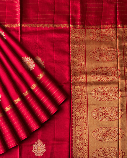 Banaras Crepe Saree With  Golden Zari Butties and Satin Golden Zari Line Design  Border - Pink