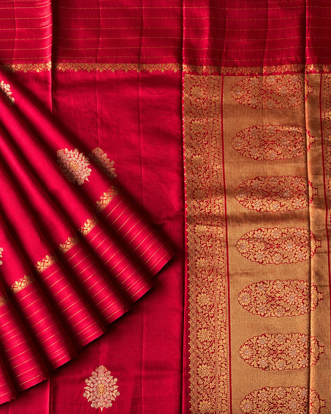 Banaras Crepe Saree With  Golden Zari Butties and Satin Golden Zari Line Design  Border - Pink