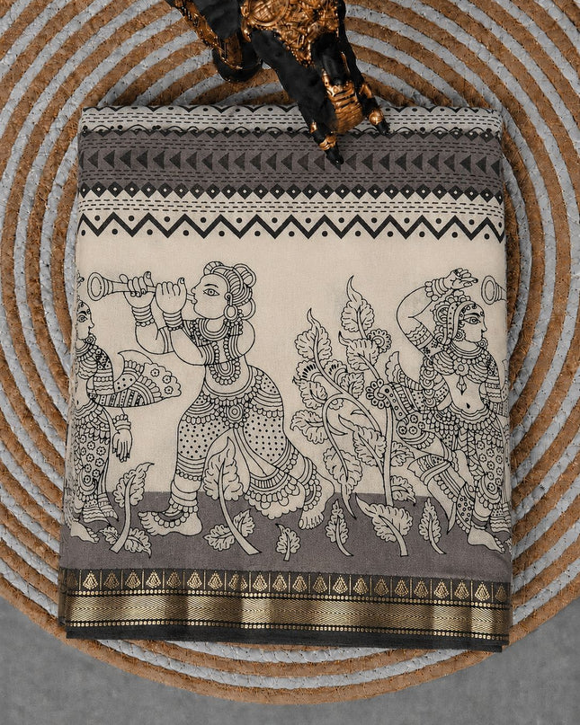 Muslin Silk Saree With  Geometrically Print and  Kalamkari Print and Golden Border - Grey