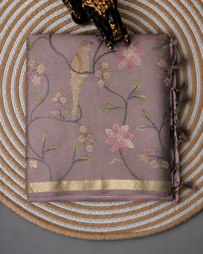 Chanderi Saree with Thread Embroidery Work and Contrast  Border-  Onion Pink