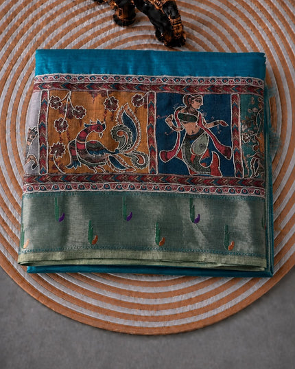 Kota Silk Saree with Kalamkari Dori Work and Muniya Border  - Rama Green