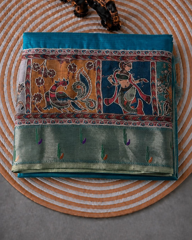Kota Silk Saree with Kalamkari Dori Work and Muniya Border  - Rama Green