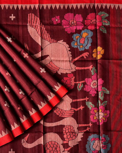 Tusser Jamdani Saree Weaving Butties  With Contrast Border-  Maroon