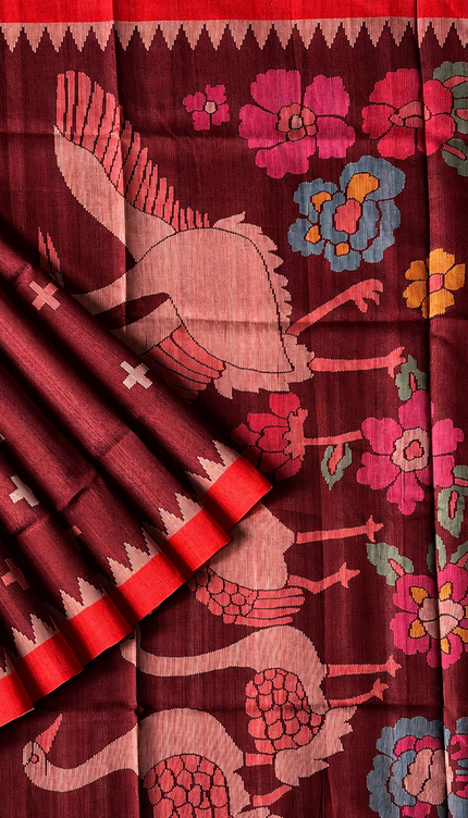 Tusser Jamdani Saree Weaving Butties  With Contrast Border-  Maroon
