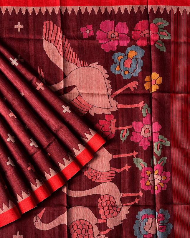 Tusser Jamdani Saree Weaving Butties  With Contrast Border-  Maroon