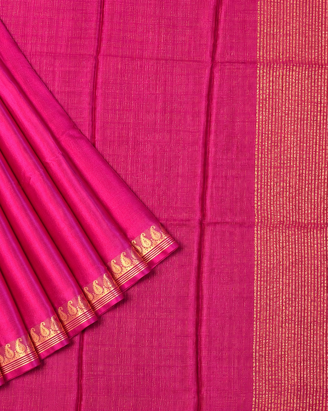 Crepe Saree with Golden Zari contrast Border -Rani Pink