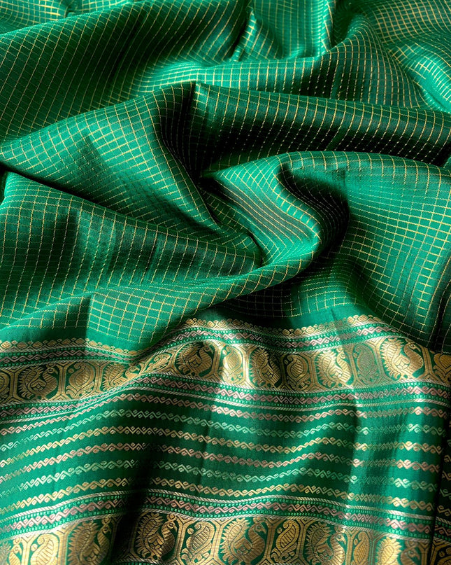 Pure Pattu Saree With Golden Check Weaving and Flower Buttes and  Gap Border - Green
