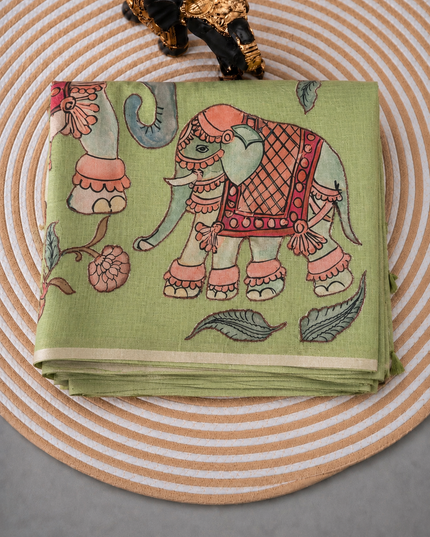 Linen Tissue Saree With Applique Work small Zari Border - Green