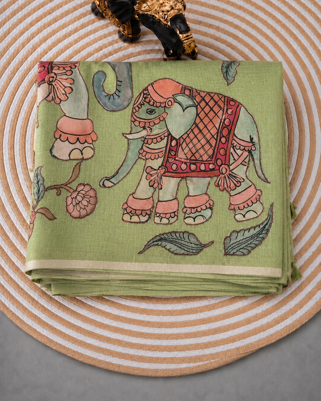 Linen Tissue Saree With Applique Work small Zari Border - Green