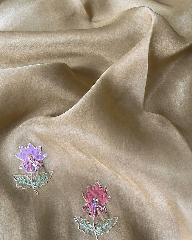 Soft Orznga Saree with Applique work And Ari Work with Scallop Border - Beige