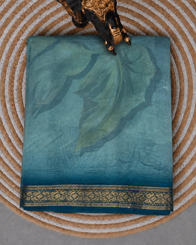 Chiffon Saree With Floral Print and Golden Zari Border  - Light Blue