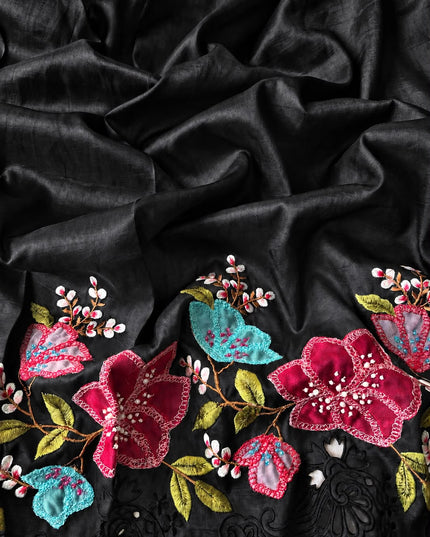 Dupion Silk  Saree with Applique work and Cut work Border - Black