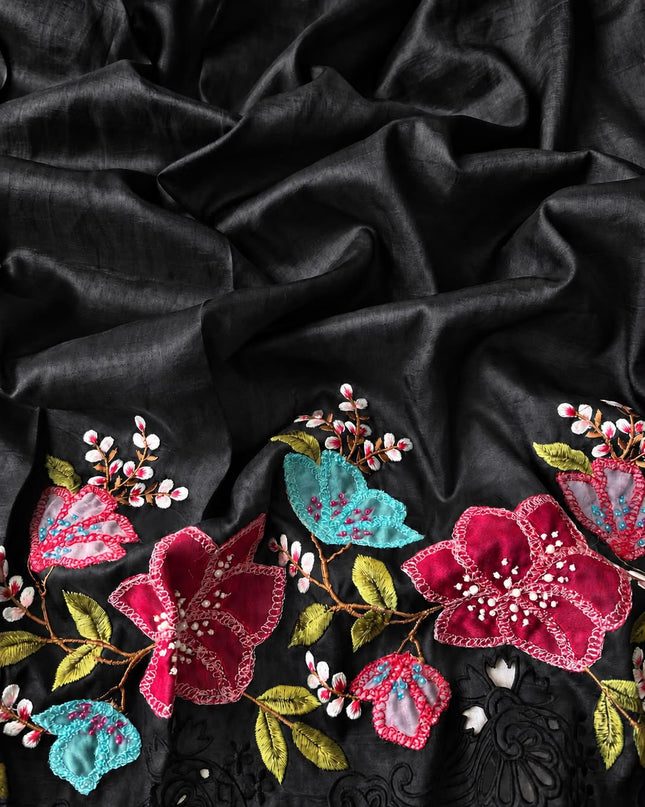 Dupion Silk  Saree with Applique work and Cut work Border - Black