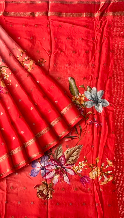 Banaras Crepe Saree with Weaving Butties and Satin Border- Orange