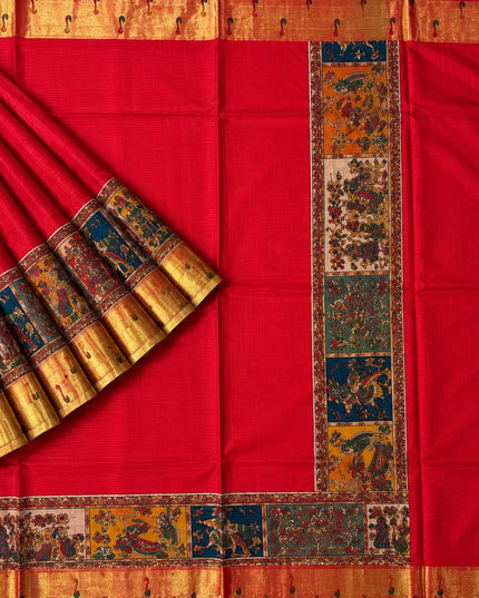 Kota Silk Saree with Kalamkari Dori Work and Muniya Border  - Red