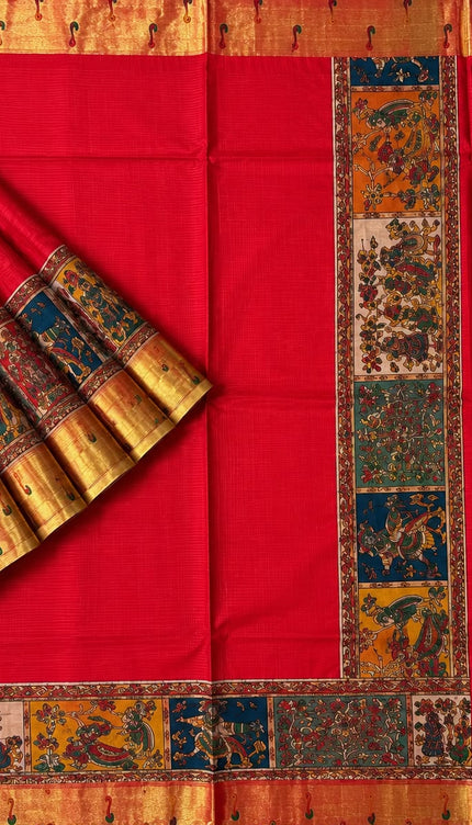 Kota Silk Saree with Kalamkari Dori Work and Muniya Border  - Red