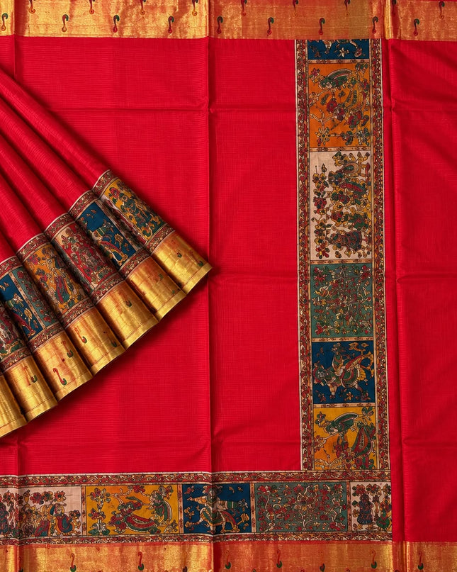 Kota Silk Saree with Kalamkari Dori Work and Muniya Border  - Red