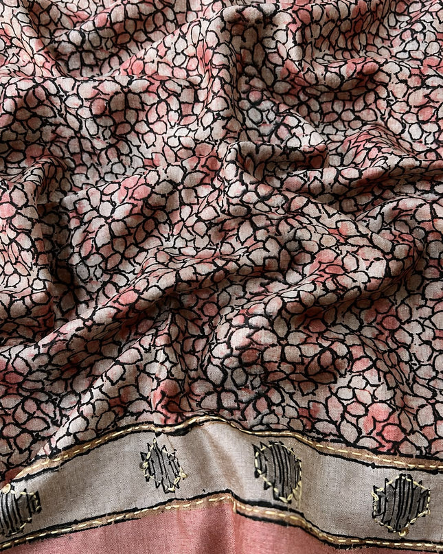 Tusser Silk Saree With Floral Print and Contrast Border - Light Pink