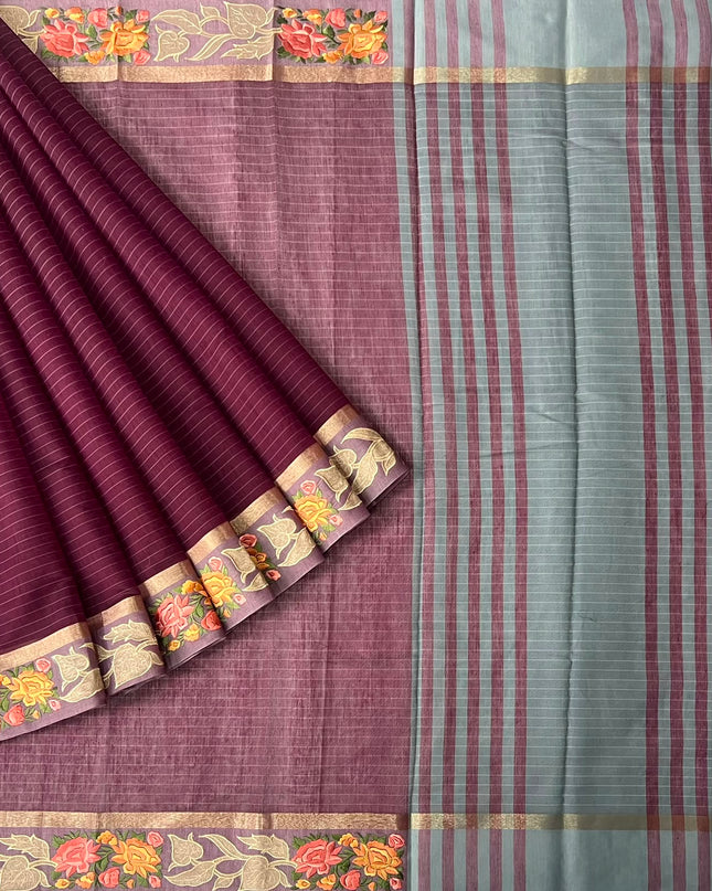 Linen Tissue Saree with Multi Stripes and Pichwai Border - Maroon