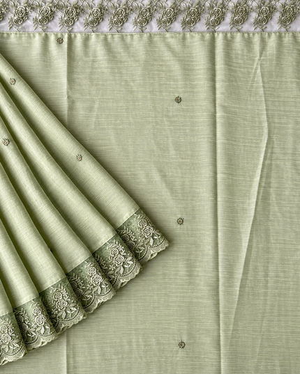 Malai Chanderi Saree with Allover small mirror work and  Thread Embroidery  Scallop Border  - Pista Green
