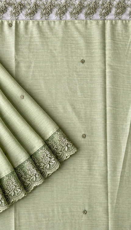 Malai Chanderi Saree with Allover small mirror work and  Thread Embroidery  Scallop Border  - Pista Green