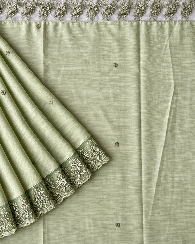 Malai Chanderi Saree with Allover small mirror work and  Thread Embroidery  Scallop Border  - Pista Green