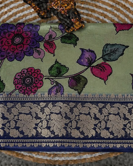 Chanderi Saree with  Floral Print Contrast Border - Green & Violet