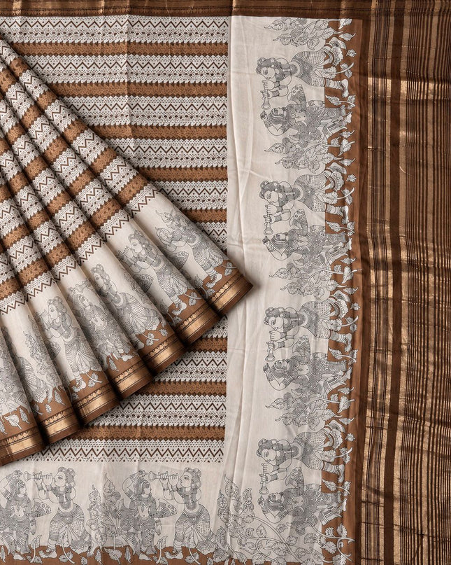 Muslin Silk Saree With  Geometrically Print and  Kalamkari Print and Golden Border - Brown