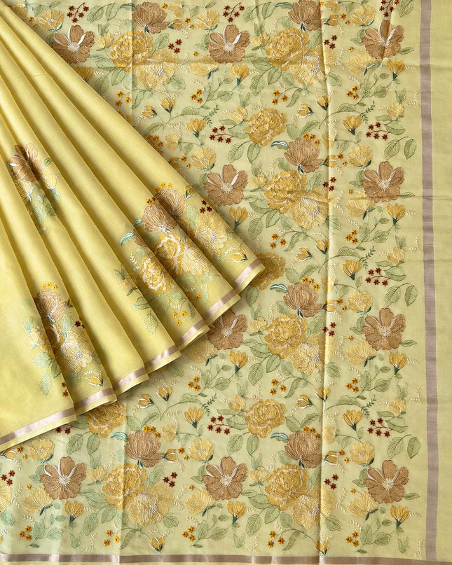 Mul  chanderi saree with thread embroidery Work and Small Border - Lemon Yellow