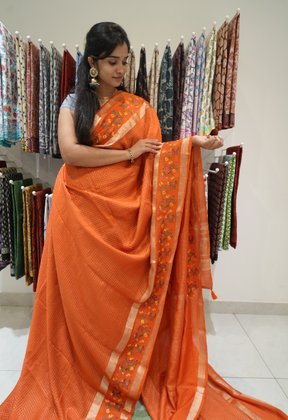 munga silk saree with allover checks,thread embroidery and gap order-orange