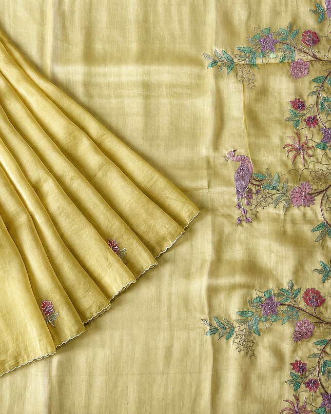 Soft Orznga Saree with Applique work And Ari Work with Scallop Border - Mehandi Green