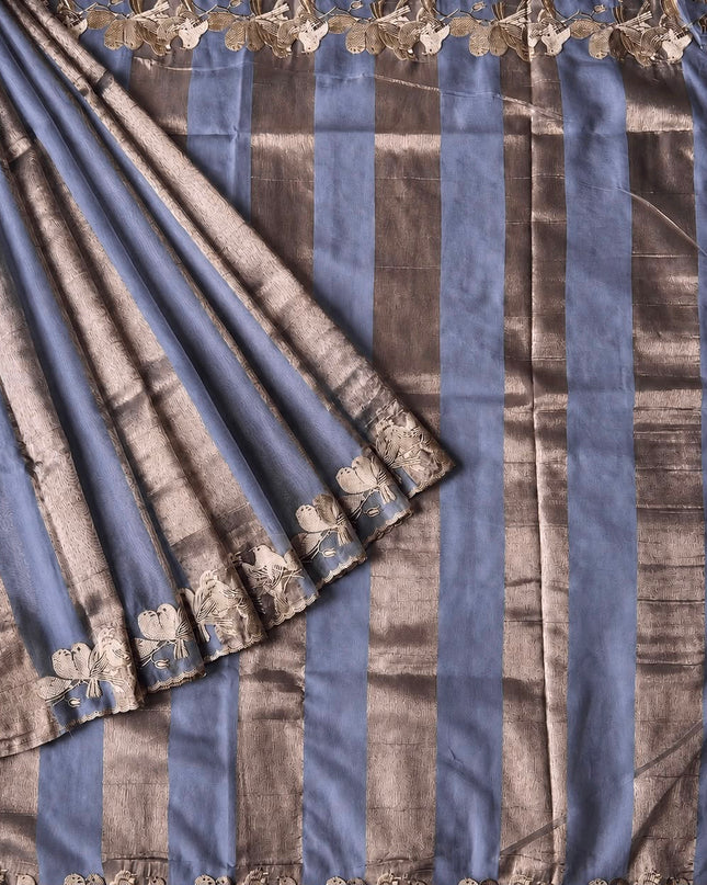 Soft Orznga  Saree With Tissue Stripes and Thread Embroidery Work Scallop Border  - Lavender