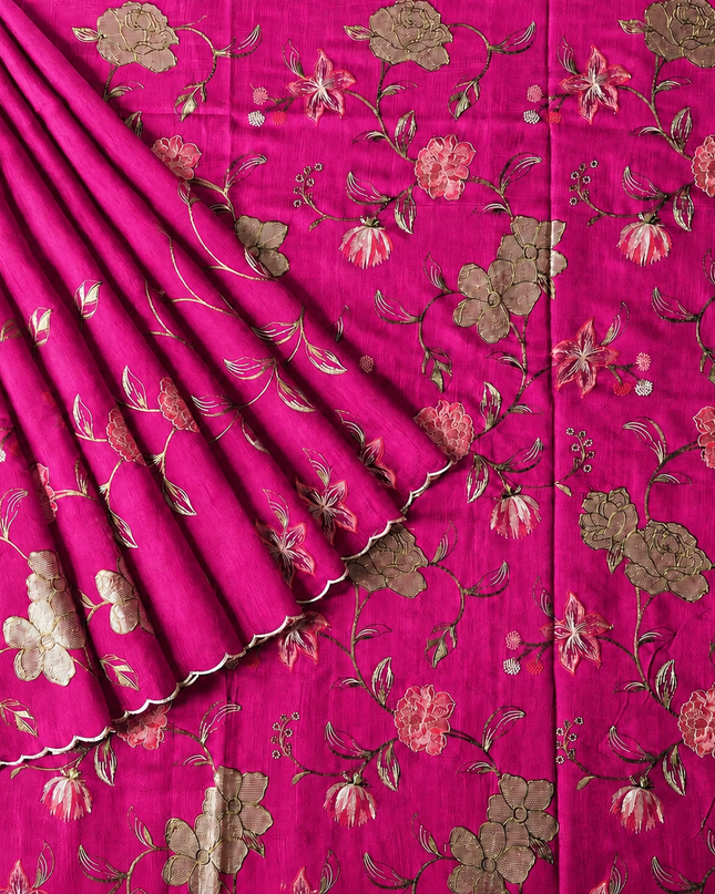 Jute Tusser Saree With All Over Thread Embroidery  Work Scallop Border - Rani Pink