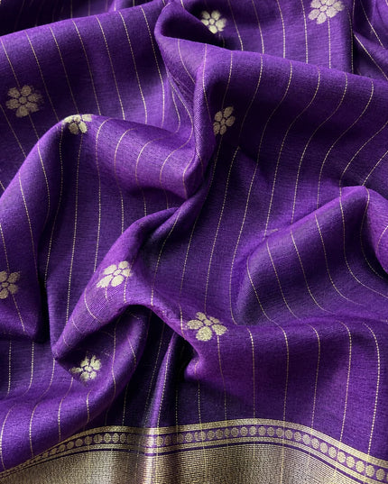 Cotton Chanderi Jamdani Saree withfloral Print Golden Border - Purple