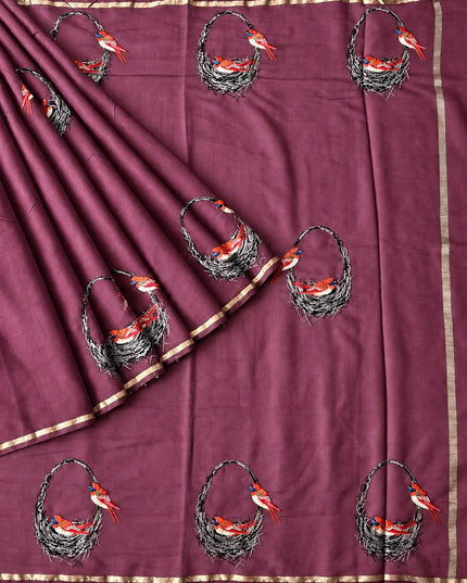 Mul Chanderi saree with thread embroidery Work and Small Border - Wine