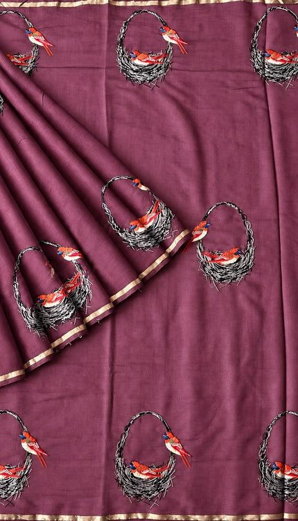 Mul Chanderi saree with thread embroidery Work and Small Border - Wine