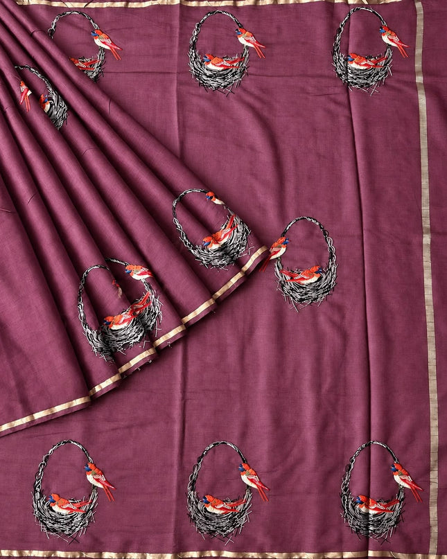 Mul Chanderi saree with thread embroidery Work and Small Border - Wine