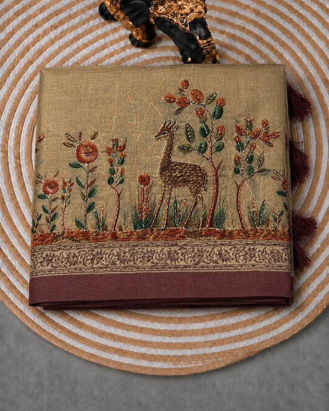 Chanderi Saree With Floral and Kantha Work and  Contrast Border- Beige