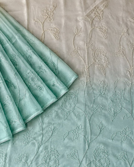 Georgette Saree With All over Thread Work And Lace Border - Blue & Cream