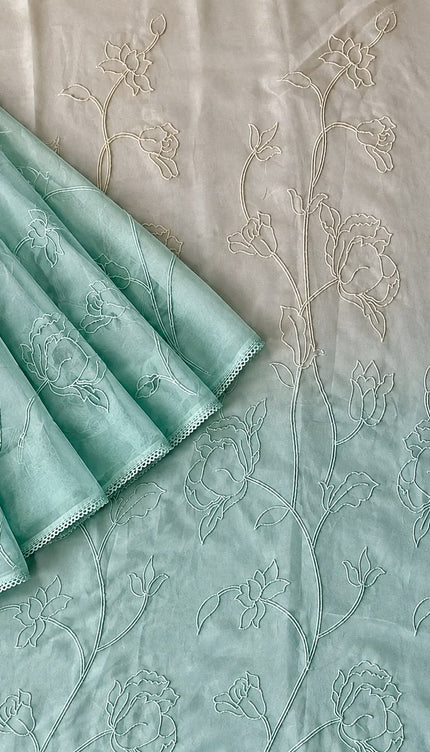 Georgette Saree With All over Thread Work And Lace Border - Blue & Cream