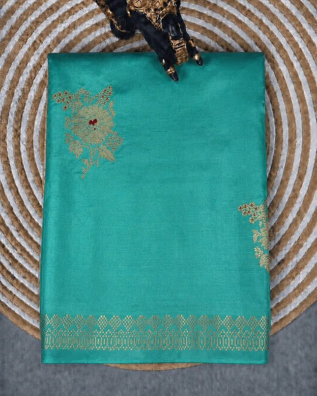 Kathan Silk Saree With All over Gold Zari Buttes and Golden Zari Weaving Border - Blue