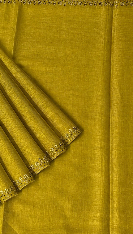 Tissue Linen Saree with Mirror Work Border- Mustard